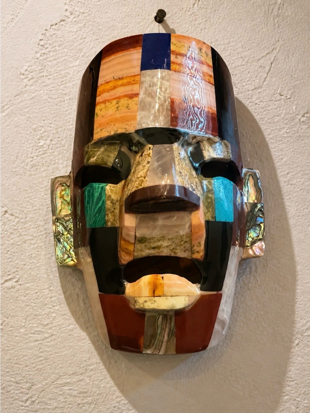 Handcrafted Multi-Stone Inlay Mask Sculpture — Turquoise & Black Accent